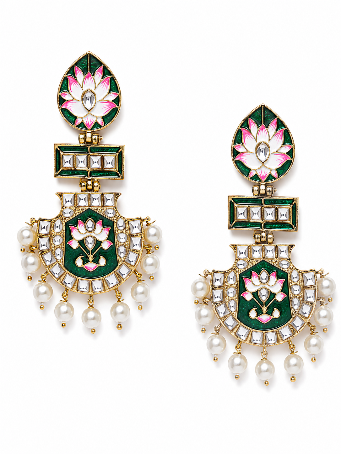 Green Lotus Meenakari Kundan Pearl Earrings Wholesale